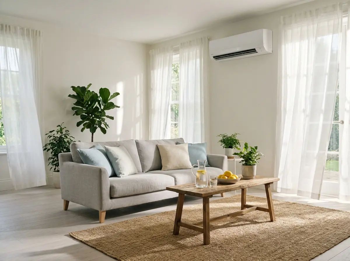 Wall-mounted air conditioner in a bright living room